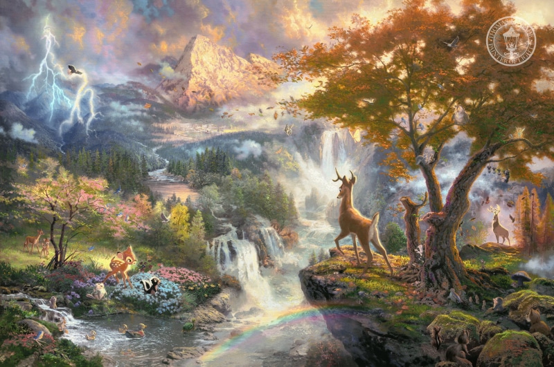 landscape, art, Thomas Kinkade, forest, Bambis First Year, painting, film, animals, tree, near, stream - flowing water, beautiful, fawn, solid, animal wildlife