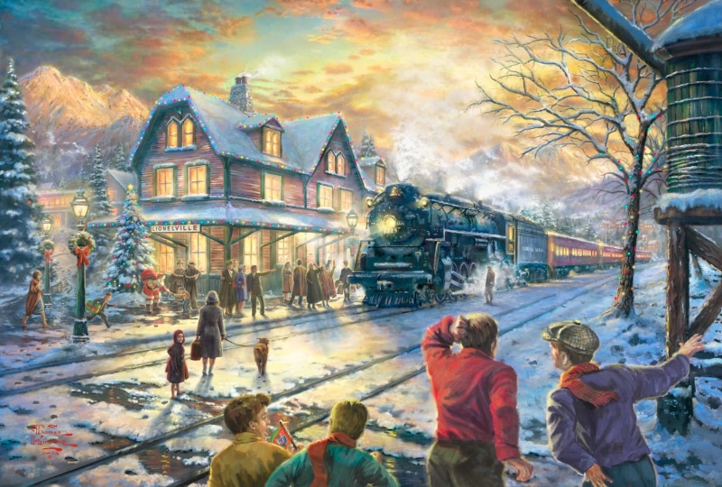 Thomas Kinkade, boys, Christmas, All Aboard for Christmas, women, nature, near, old-fashioned, people, large group of people, winter, childhood, New year