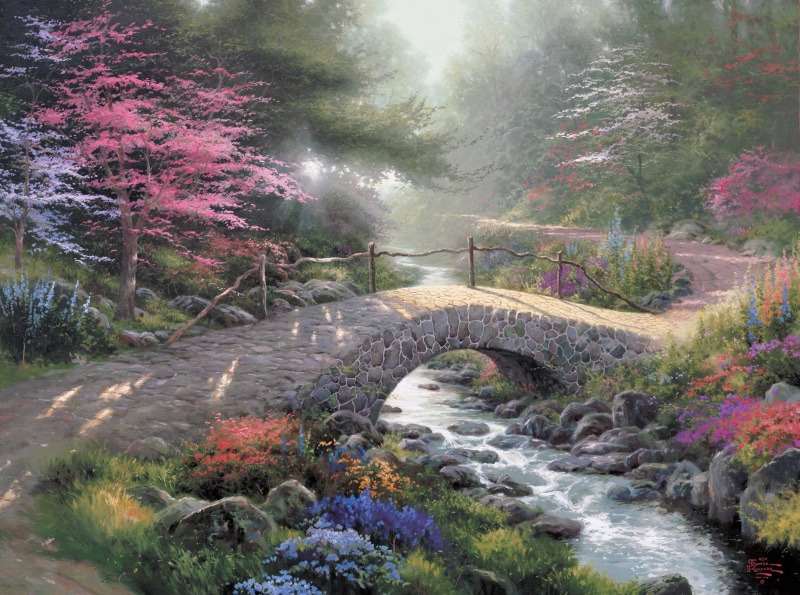 bridge, Thomas Kinkade, Kinkade, bridge - Man Made Structure, environment, japanese Culture, Park, leaf, park - Man Made Space, outdoors, season, bush