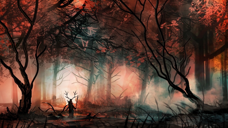 illustration, bare tree, trunk, person, land, outdoors, fog, hero, pollution, trees, plant, no people, fantasy art, cold temperature, branch, mist, change