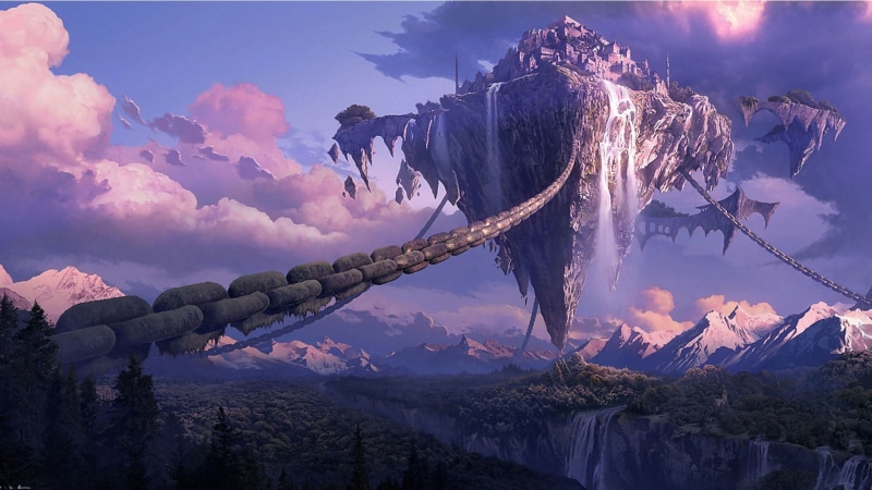landscape, digital art, anime, forest, 1080P, mountains, chains, fantasy art, floating island, Tera online, waterfall, video games