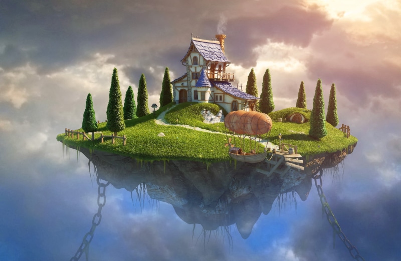 lake, architecture, Zeppelin, flying, chains, built structure, trees, transportation, day, rock, travel destinations, green color, building exterior
