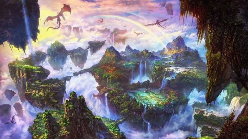 fantasy, mountains, artwork, fantasy landscape, landscape, digital art, trees, concept art, Dragons, rainbow, nature, flying islands, forests, clouds, fantasy art