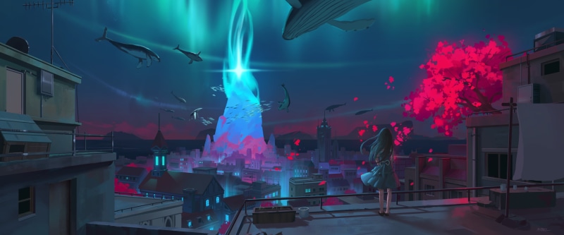 4K, whale, ultra-wide, anime girls, ultrawide, city, anime, underwater