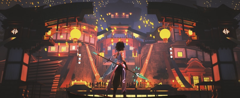 Lantern Festival, xiao, Genshin Impact, digital art, lantern, 5K, spear, ultra-wide, video game art, ultrawide, video games