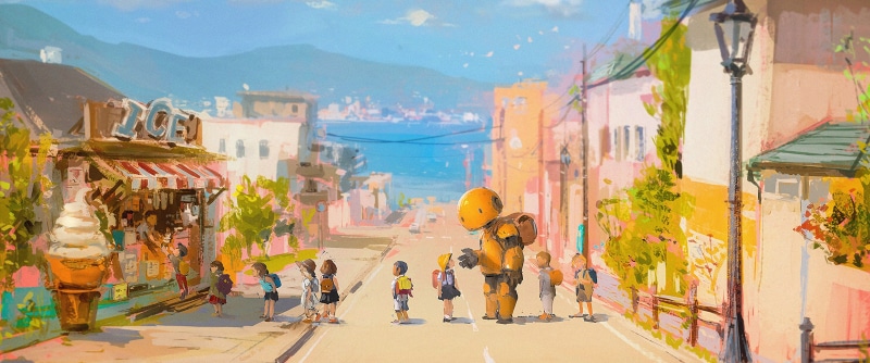 ultrawide, anime, 2K, street, beach, ultra-wide, children, robot, sea