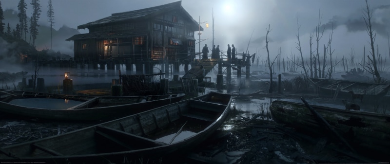 Ghost of Tsushima, video game art, boat, ultrawide, samurai, digital art, ultra-wide, 5K, video games