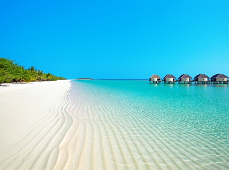 Tropical, Dream, lagoon, Sand, beach, outdoors, Bungalow, sea, travel destinations, blue, palm trees, architecture, Exotic, land, tranquility, sky, clear sky