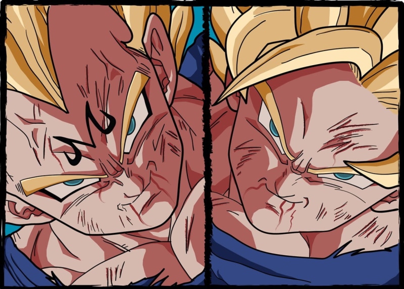 auto post production filter, Son Goku, Vegeta, close-up, communication, pattern, full frame, multi colored, goku, text, backgrounds, Super Saiyan, human representation