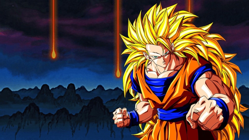 yellow, mountain, holding, event, Son Goku, multi colored, beauty in nature, one person, adult, Super Saiyan 3, lifestyles, 1080P, standing, outdoors