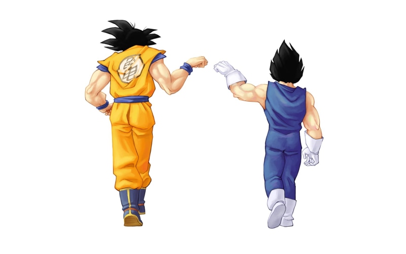 son, childhood, disguise, men, white background, women, standing, anime, goku, yellow, lifestyles, two people, illustration, indoors, studio shot, gesturing