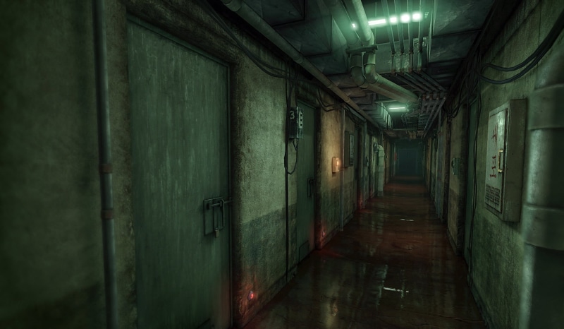 empty, ceiling, old, abandoned, built structure, indoors, arcade, Unreal Engine, 1080P, ruined, diminishing perspective, direction, alley, obsolete, building