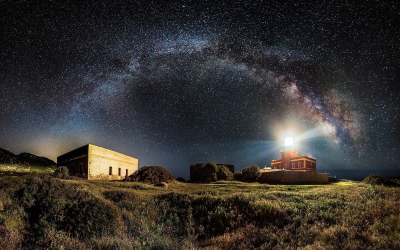 space, astronomy, sky, nature, star - space, shrubs, long exposure, built structure, grass, 720P, lighthouse, star, starry night, beauty in nature, house