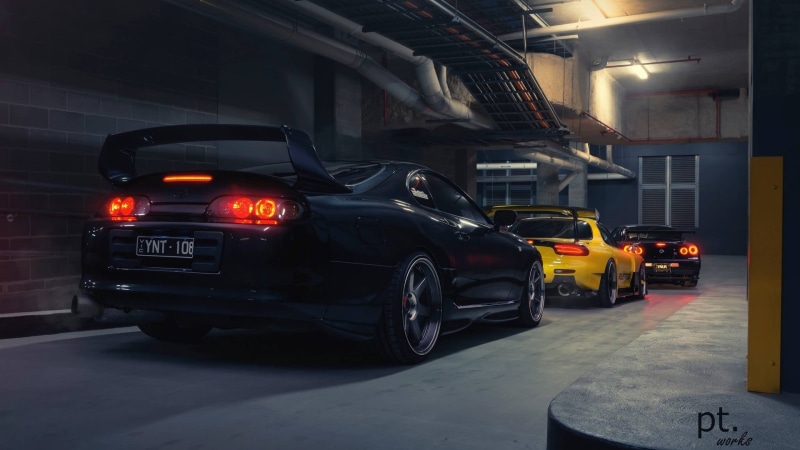 JDM, Toyota Supra MK4, Mazda RX-7, Toyota Supra, vehicle, Mazda, Nissan, car, Mazda RX-7 FD, concrete, Toyota, Nissan Skyline GT-R R34, Nissan Skyline
