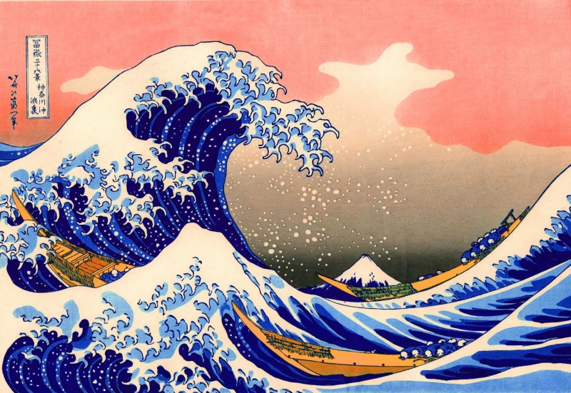 waves, snow, water, nature, day, creativity, window, floral pattern, painting, kanagawa, outdoors, 1080P, blue, architecture, wave, representation, great