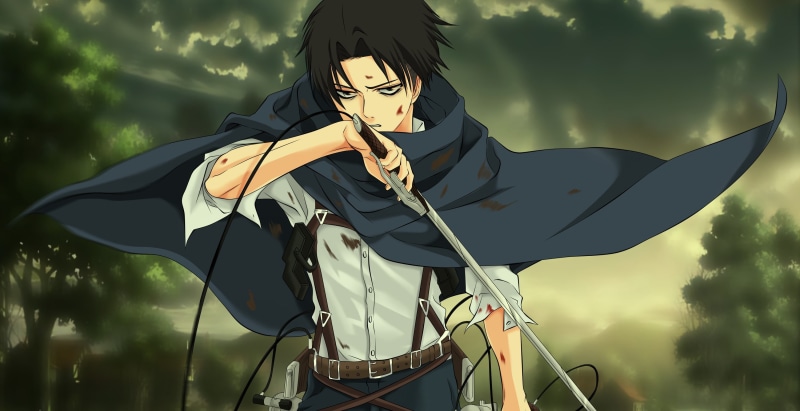 oriental, asiatic, holding, sword, focus on foreground, portrait, waist up, women, one person, captain, day, nature, outdoors, ken, levi, manga, japanese