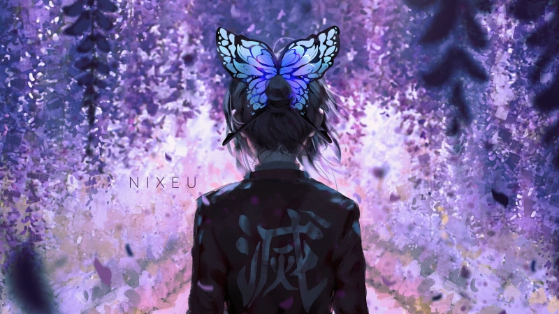 fan art, Japanese clothes, Nixeu, black hair, Kimetsu no Yaiba, artwork, anime girls, 720P, digital art, Kochou Shinobu