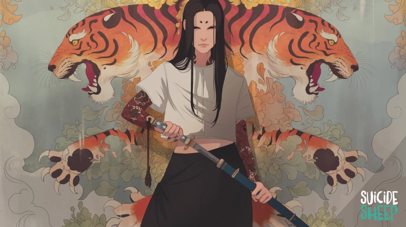 Mona Finden, artwork, T-shirt, illustration, tiger, original characters, Suicide Sheep, skirt, Japanese, 1080P, women, drawing, digital art, katana, mural