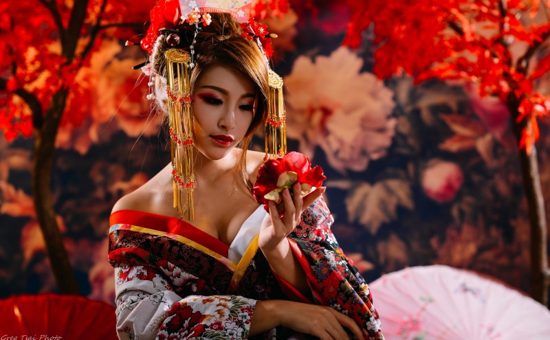 Girls, Japan, outdoors, culture, sitting, Beauty, Japanese, lifestyles, Asian, beautiful woman, lillian, hairstyle, dress, flowering plant, one person