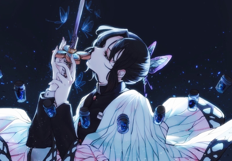 anime girls, katana, Kimetsu no Yaiba, black hair, Kochou Shinobu, 1080P, fantasy weapon, fan art, Japanese kimono, 2D