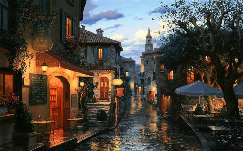 restaurant, twilight, house, old, urban Scene, green, watch, 2K, town Square, the evening, Eugene Lushpin, street, cityscape, houses, cultures, street Light