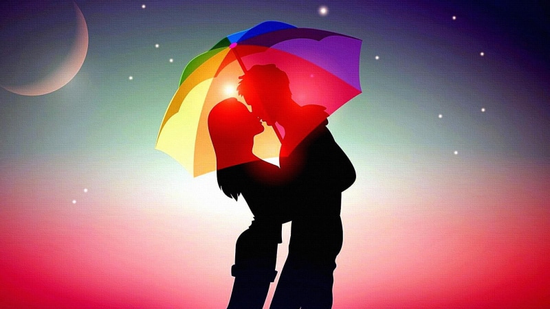 couple, lovers, kiss, valentine day, 1080P, kissing, umbrella, love