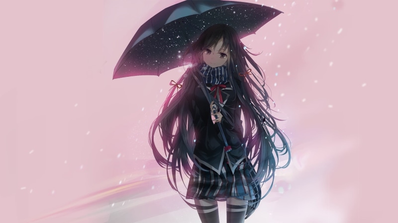 adult, outdoors, rain, wet, front view, anime, school uniform, character, anime girls, female, women, young adult, contemplation, black, hair, young women