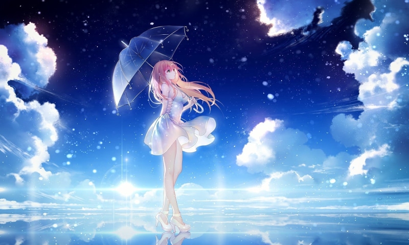digital, anime girls, 720P, outdoors, beautiful woman, clothing, nature, blue, high heels, sky, long hair, dress, motion, women, open shirt, Tidsean, adult