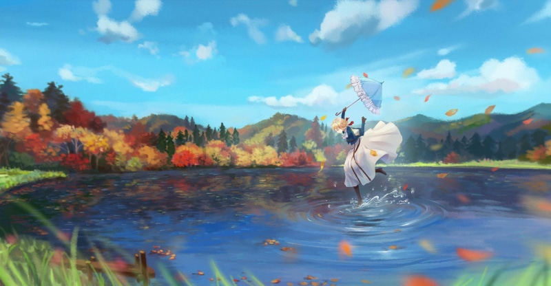 1080P, anime girls, fall, nature, anime, Violet Evergarden, sky, umbrella