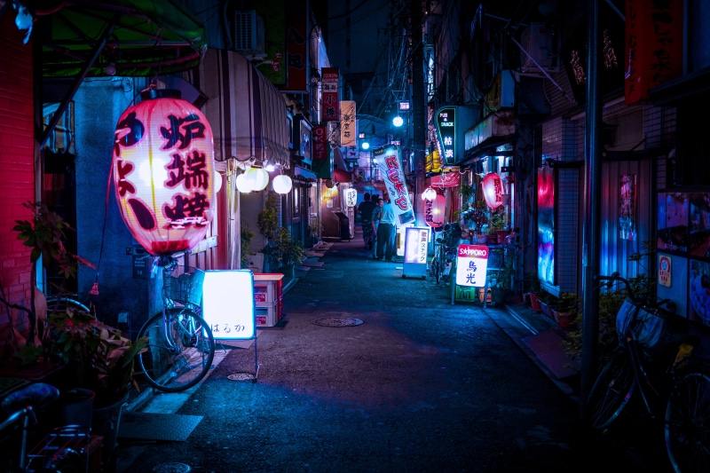 showa, lighted, outdoors, cultures, people, sign, dark, asian, travel, asia, night, old, street, bike, neon Light, reflection, editorial, urban Scene, explore