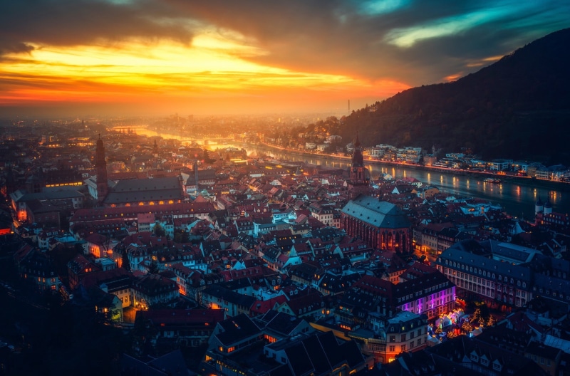 skyscraper, Heidelberg, buildings, aerial, mountain, cityscape, crowd, illuminated, built Structure, famous Place, night, office building exterior, dusk