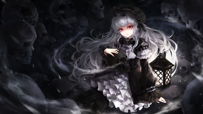 one person, 5K, portrait, waist up, red eyes, young women, women, adult, skulls, gothic anime girl, beautiful woman, leisure activity, front view, young adult
