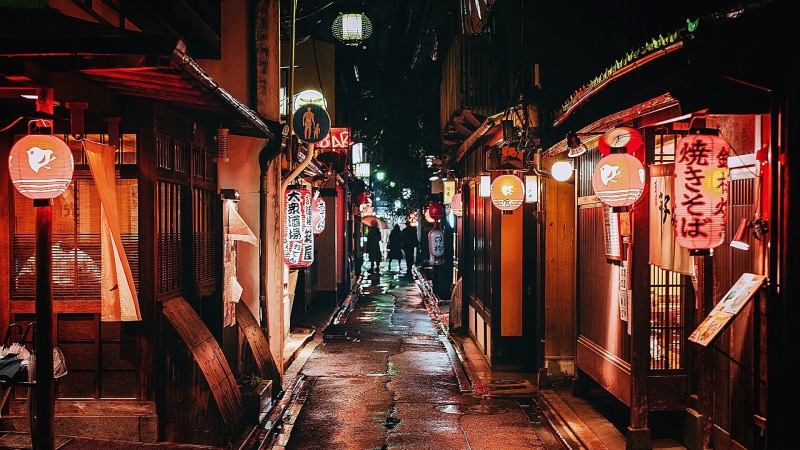 night, darkness, japan, kyoto, illuminated, decoration, chinese lantern, street, script, lighting equipment, city, lanterns, built structure, no people