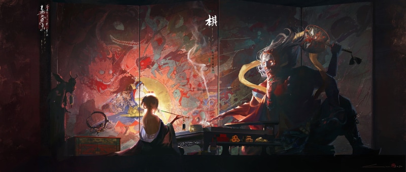weapon, waves, sword, smoking, arrows, kimono, demon, women, Japanese, sheath, smoking pipe, lantern, 1080P, Oni, face paint, painting, dragon, eastern