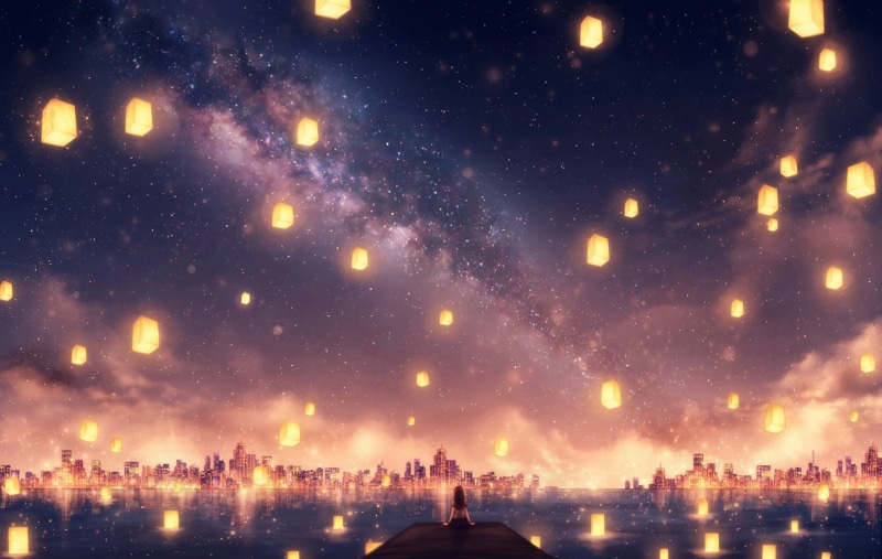 anime, sky, lantern, stars, anime girls, 1080P
