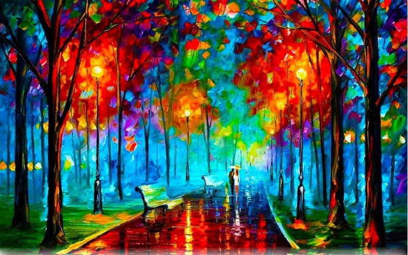 path, architecture, multi colored, tree, two, standing, blue, real people, adult, leisure activity, park, digital composite, Leonid Afremov, colorful, nature