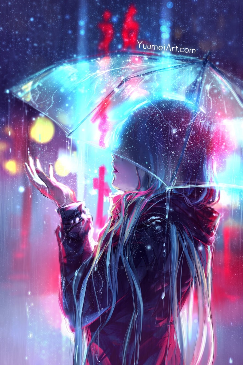 drawing, long hair, city lights, Yuumei, umbrella, artwork, rain, 720P, vertical, anime girls, digital art