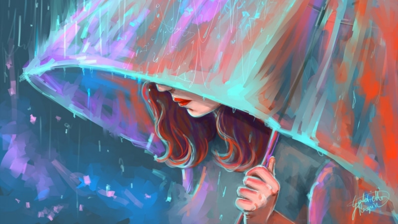 colorful, long hair, artwork, umbrella, rain, 1080P, digital art, women, red lipstick, painting, face