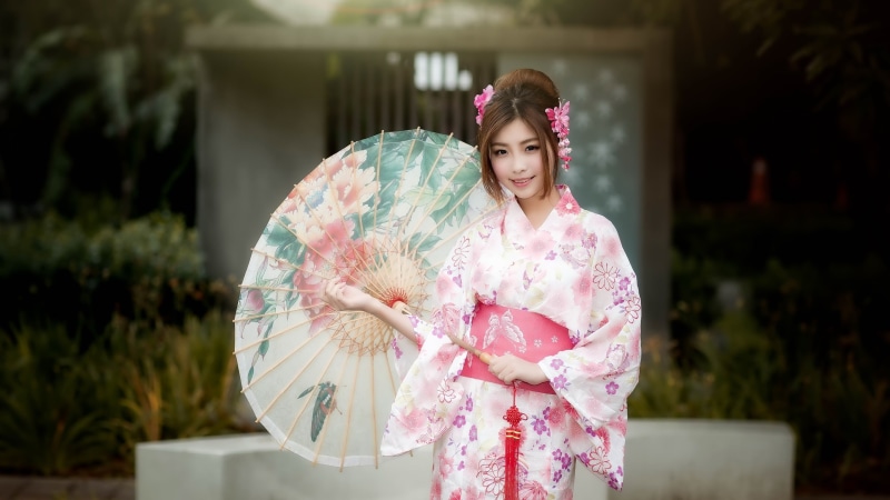 floral, s, pink, 2K, Girl, Umbrella, Kimono, women, Beautiful, Japanese, paper, print