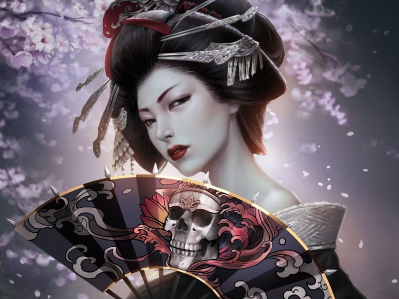 Paper, Fan, 1080P, Fantasy, Geisha, Japanese, Girl, Skull, Kimono