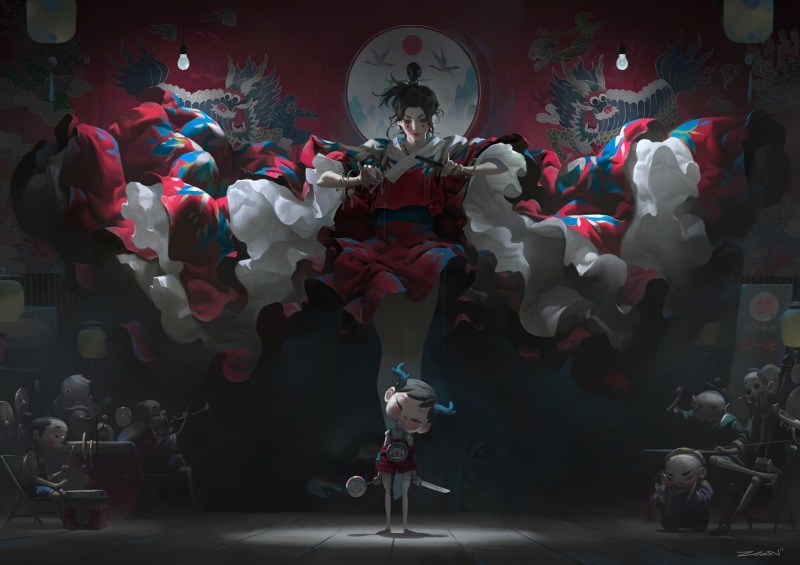digital art, illustration, drawing, kimono, women, puppets, Zeen Chin, knife, overalls, 1080P, fantasy art, Asian, artwork, geisha, lollipop