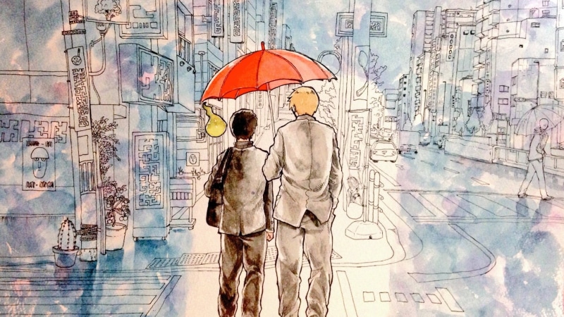 holding, architecture, warm colors, creativity, Kageyama Shigeo, watercolor, painting, artwork, umbrella, contemplation, human representation, looking