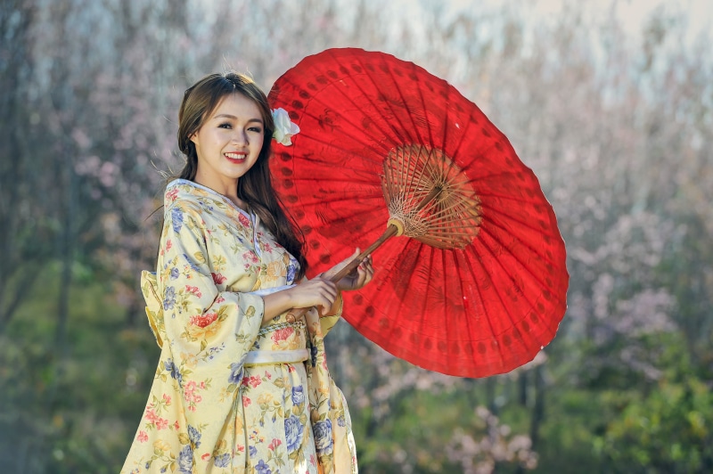young women, portrait, up, young adult, smile, protection, exotic, floral, hairstyle, kimono, holding, japanese, oriental, charming, beautiful woman, adults only