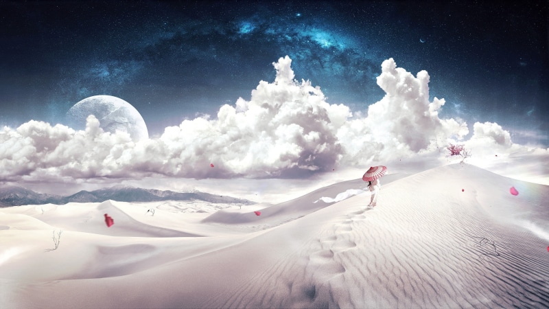 landscape, cloud - sky, mountain, nature, beauty in nature, artwork, tranquil scene, adventure, desert, umbrella, environment, walking, woman, non-urban scene