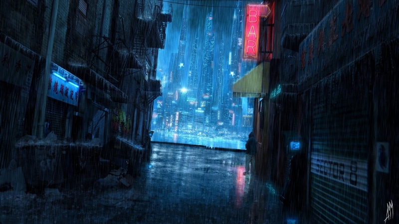 rain, cyan, building, city Life, tunnel, futuristic, alley, built Structure, futuristic city, technology, wet, street, lighting Equipment, backgrounds