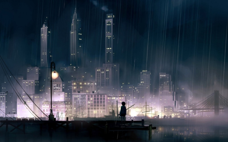 1080P, silhouette, lighting Equipment, building, travel, skyscraper, anime, city Life, modern, landscape, real people, night, stage, river, front, urban Skyline
