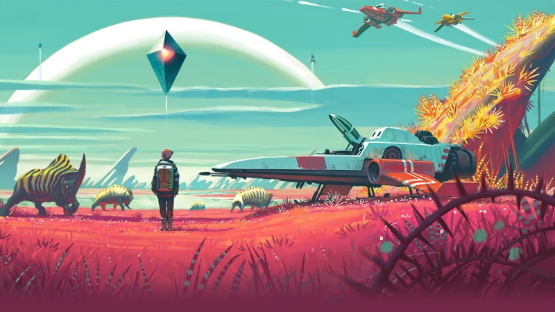 spaceship, No Mans Sky, ship, animals, bright, character, 1080P, standing, No Mans Buy, vector, summer, day, sky, leisure activity, futuristic, flying saucers