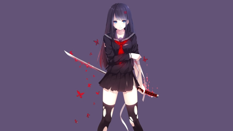looking at camera, adult, anime girls, three quarter length, torn clothes, portrait, long hair, illuminated, original characters, school uniform