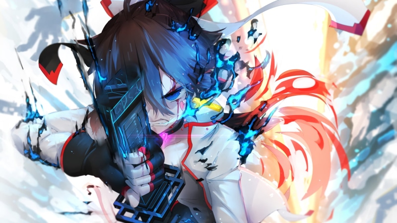 character, day, blue eyes, multi colored, high angle view, fashion, clothing, illustration, variation, triangle, women, standing, sword, lifestyles, blue hair