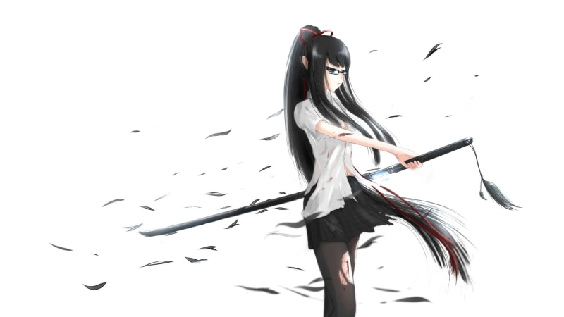digital composite, hairstyle, art, holding, anime, fashion, group of animals, sword, studio shot, young women, white background, one person, anime girls